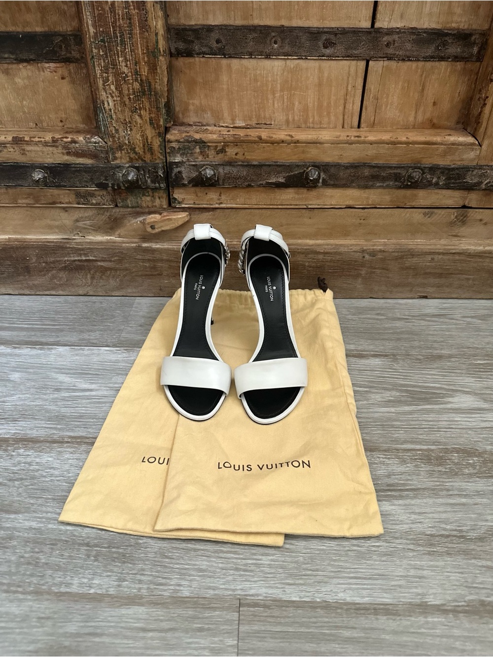 Louis Vuitton White Leather Ankle-Strap Heels with Black Insole size 6
